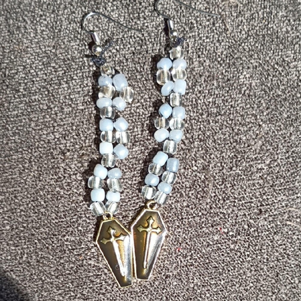 Gold and White Beaded Earrings